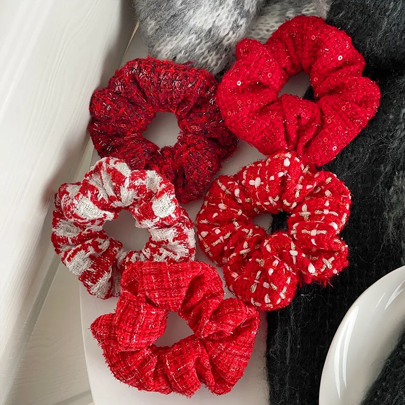 2024 Winter Hair Accessories 5pcs/set Red Hair Scrunchies Set Women Holiday Santa Claus Hair Ties Knitted New Year Schrunchies