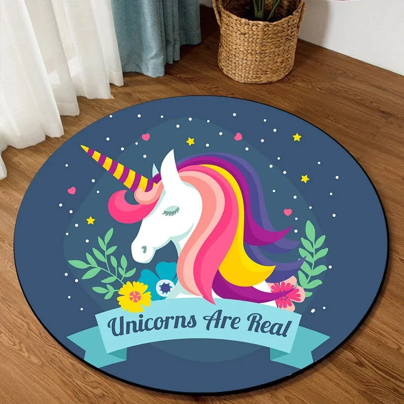 Cartoon Unicorn Round Carpets Kids Room Area Rugs Living Room Bedroom Play Carpet Baby Crawl Non-Slip Mats Home Decor