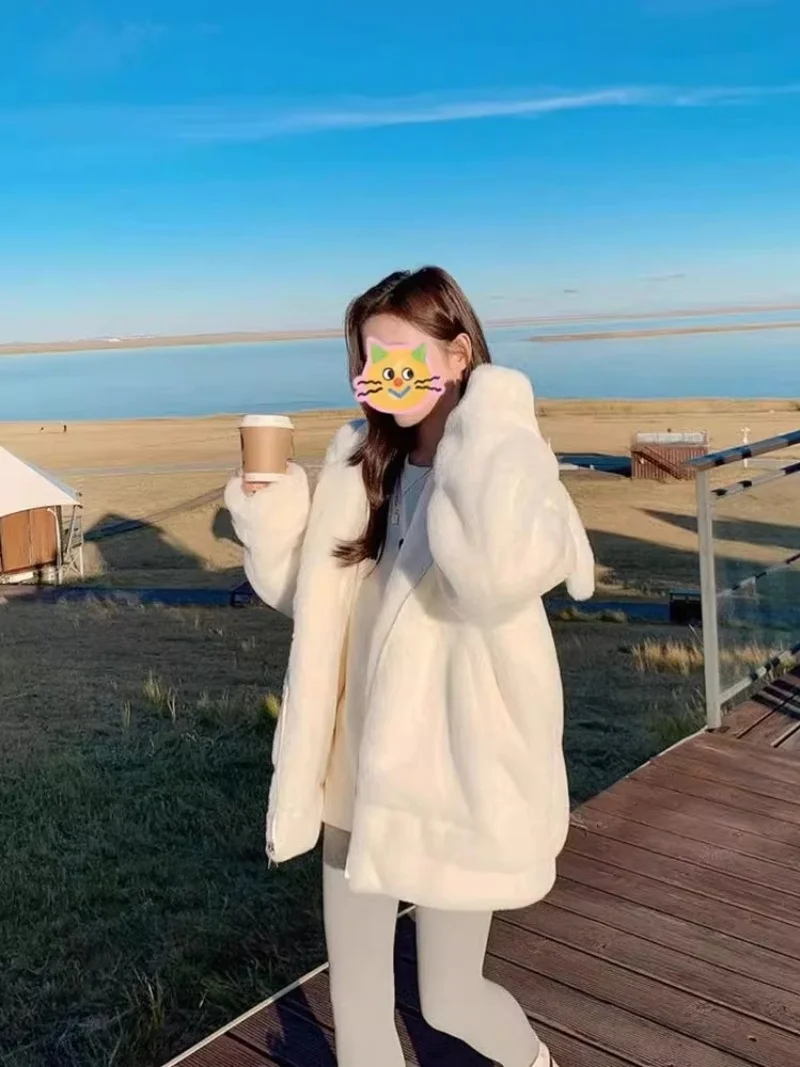 Kurtka damska zimowa 2025 z grubego polaru wełnianego z uszami królika \"Milk Rabbit\", nowa, miękka, bawełniana odzież, pluszowy płaszcz, odzież wierzchnia W350