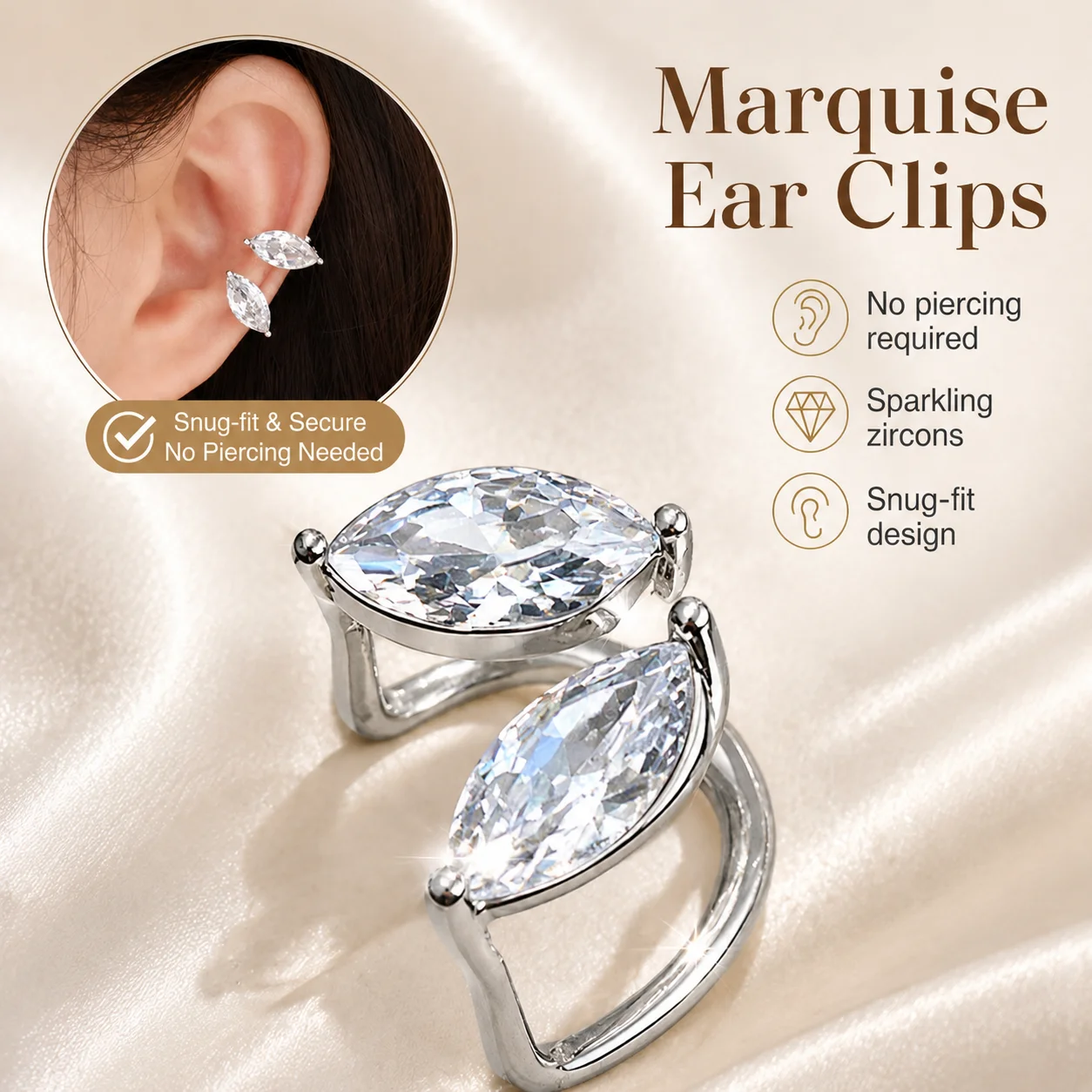 Sparkling Zircon Ear Cuff Non Piercing Clip Earrings Marquise Cartilage Clip On Earrings Luxury Wedding Party Jewelry