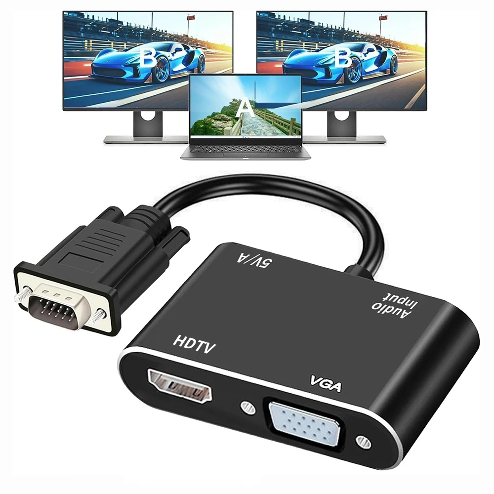 Stereo 3.5mm & VGA to HDMI-compatible+VGA Dual Display Adapter 1-in 2-Out Splitter 1080P Converter for Lenovo Laptop Desktop PC
