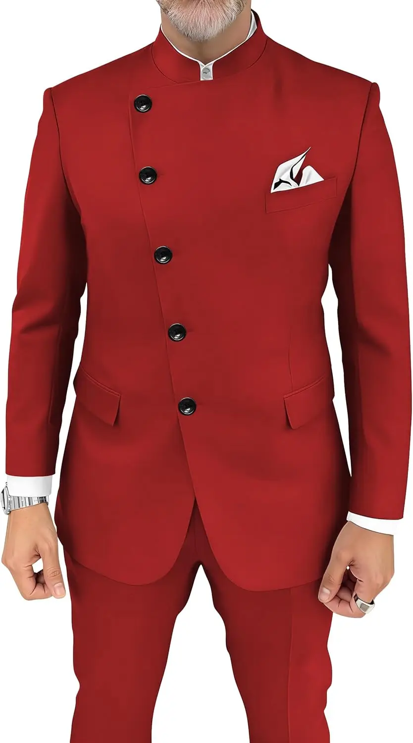 

Костюм-двойка в китайском стиле, приталенный, с воротником-стойкой, для мужчин, для свадьбы, выпускного вечера, пиджак и брюки