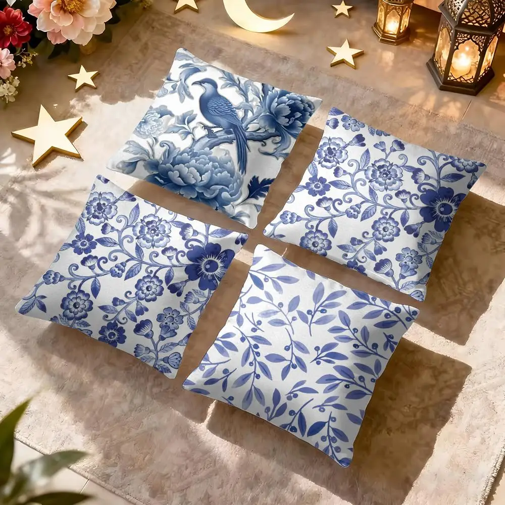 Blue & White Chinoiserie Cushion Cover Soft Short Plush Pillow Cover Smooth Cozy Texture Aesthetic Cushion Case Home Decor