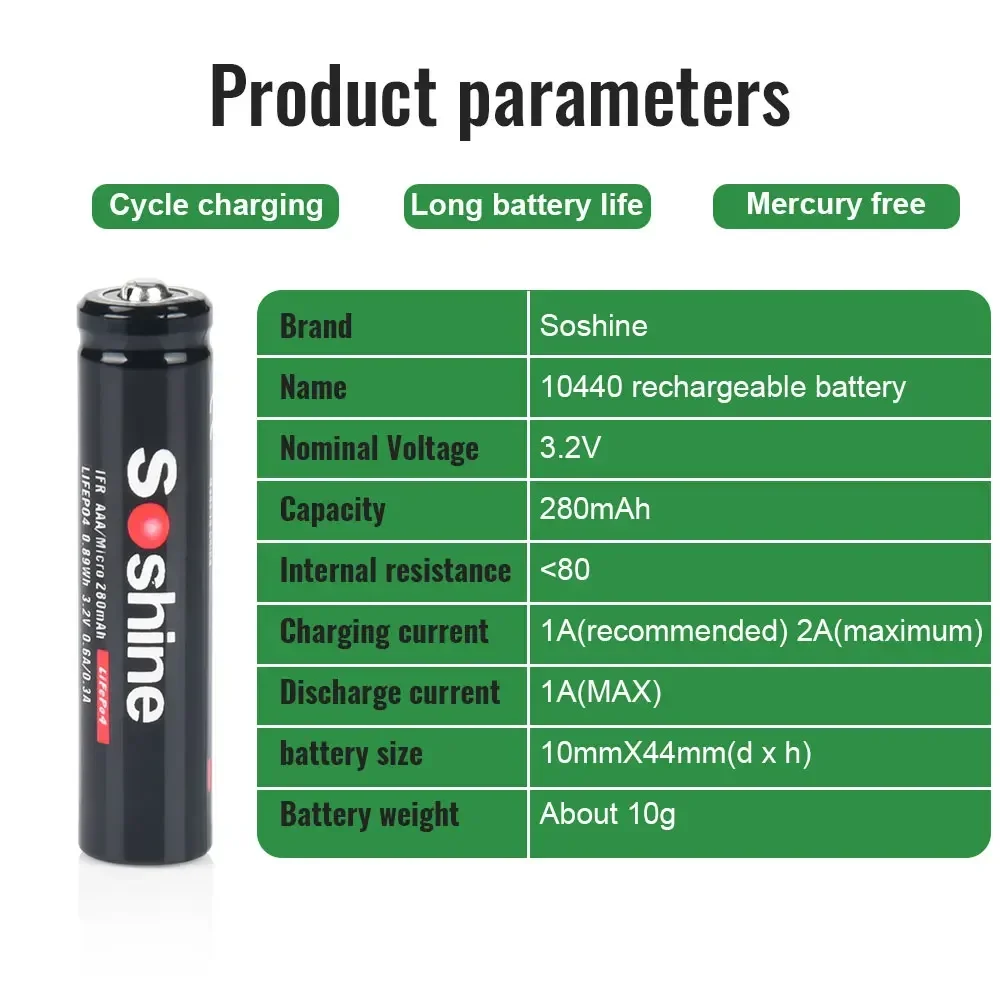 Soshine 3.2V 280mAh AAA Batteries 10440 LiFePO4 Rechargeable Battery for Microphone Headlamp Flashlight Radio Small Fan Recorder