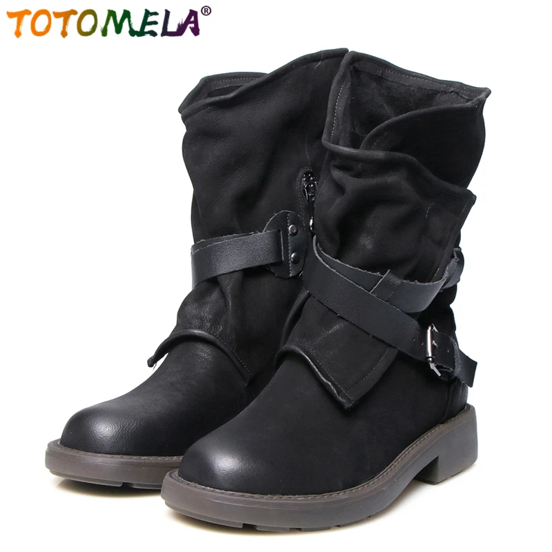 

TOTOMELA Size 34-43 Cow Suede Leather Boots Women Autumn Winter Western Boots Chunky Heels Ankle Boots For Women Chelsea Botas