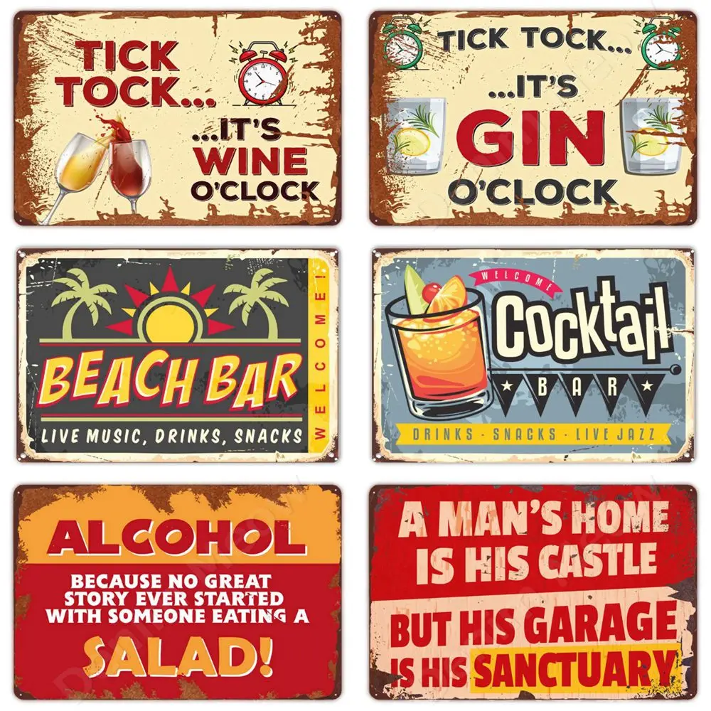 Gin O'clock Vintage Metal Sign, Rum Tin Signs, Funny Wine Art Poster, Cocktail Sign for Tiki Bar, Pub Club, Man Cave Wall Decor