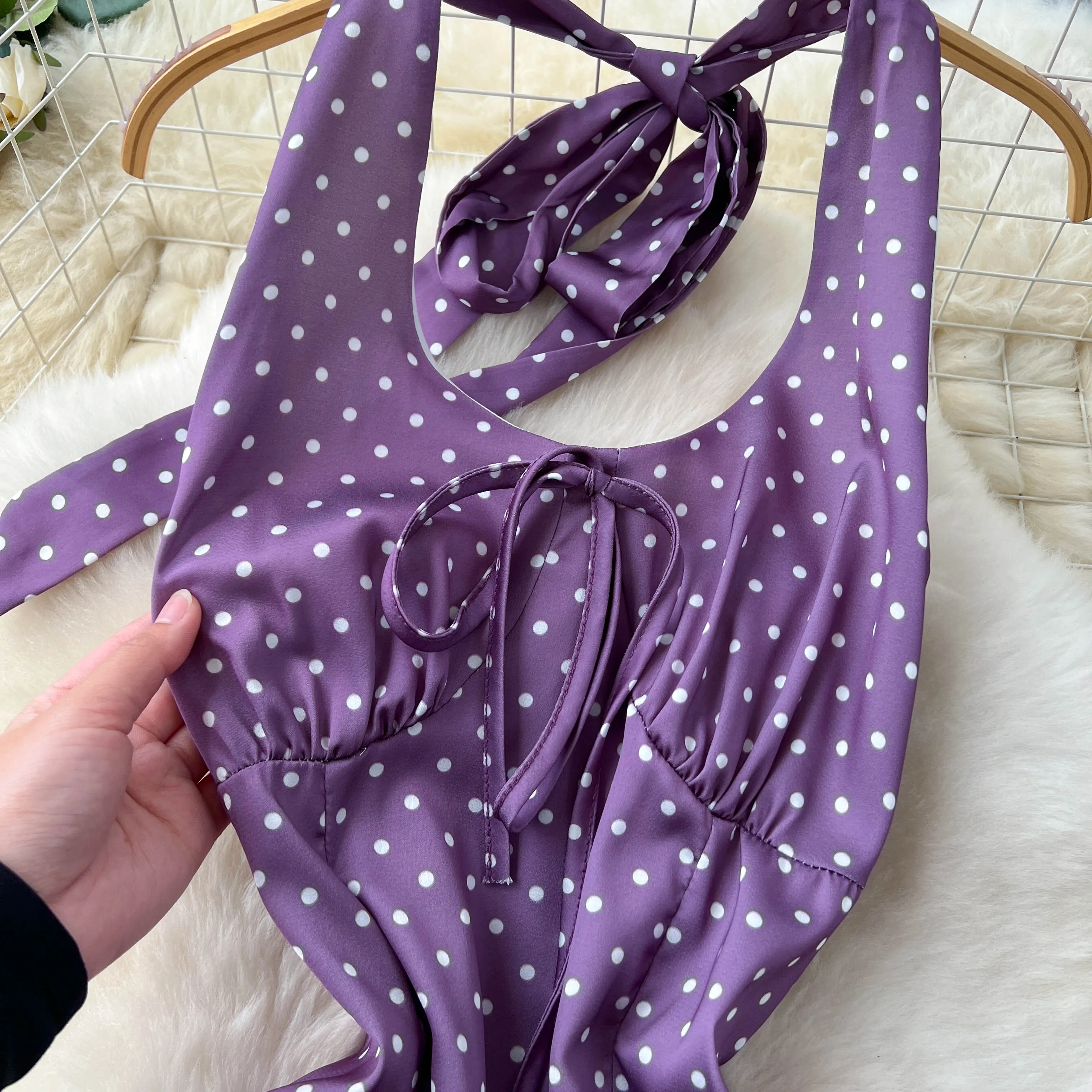 Chic Elegant Ruched Polka dot satin Korean Fashion Fairy Sexy High Waist Vestidos Summer Vacation dress