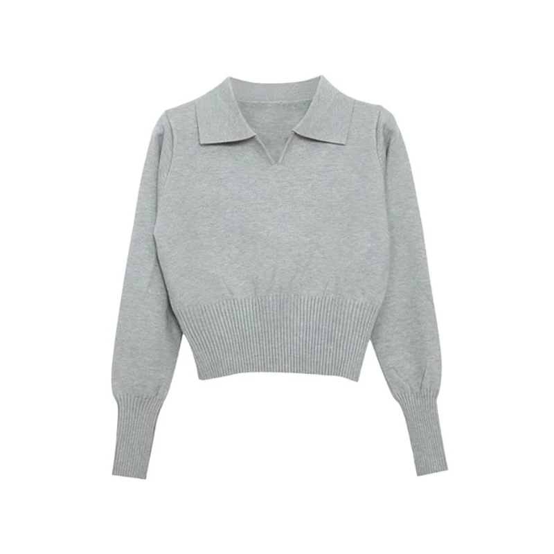 سترة قصيرة بياقة بأكمام طويلة للنساء بلوفر عادي متماسك ناعم رمادي للخريف والشتاء ملابس Y2K للمراهقات