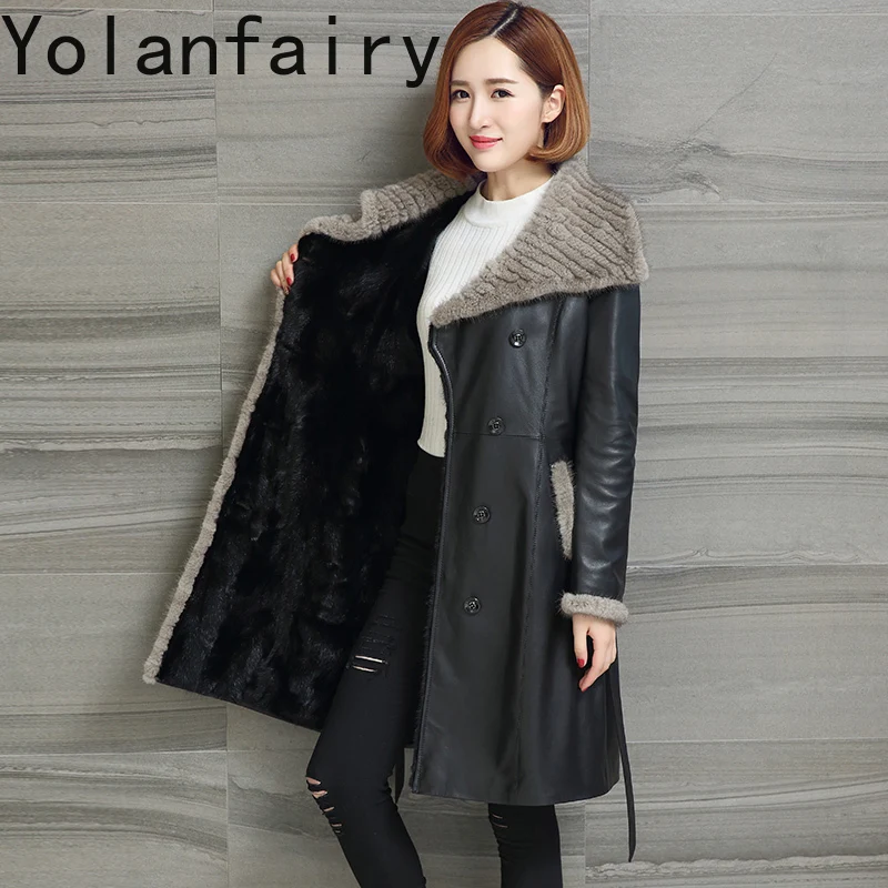 YOLANFAIRY Real Sheepskin Genuine Leather Jacket Women Autumn Winter Luxury Mink Fur Liner Coat Woman Mid-long Trench Fur Coats