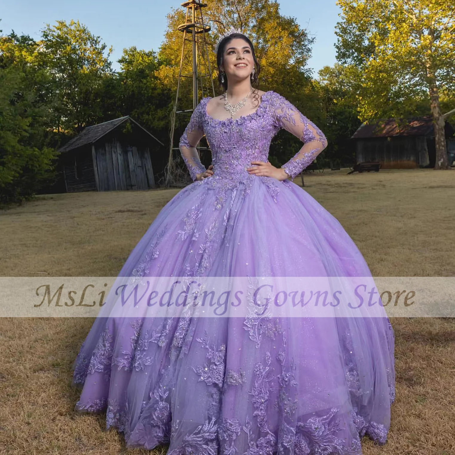 الأرجواني Quinceanera فساتين للحلو 16 فستان فستاين سهرة/فساتين الحفلات الخرز يزين كم طويل فستان حفلات التخرج Vestidos De 15 Años