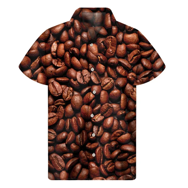 Harajuku Fashion Coffee Bean Milk Graphic Hawaiian Shirt Men's 3D Printed Short Sleeve T-shirt Street Oversized Button Down Shir