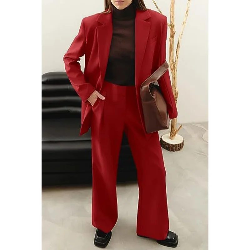 Herbst Winter Frauen Zwei Stück Set Büro Dame Blazer Anzug Outfits Langarm Revers One Button Jacke Mantel Breite Bein Hosen Set