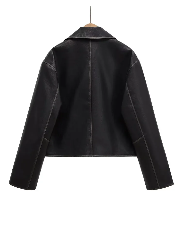 Chaqueta de cuero con bolsillo tipo parche y solapa de color sólido con temperamento versátil a la moda para mujer de estilo europeo