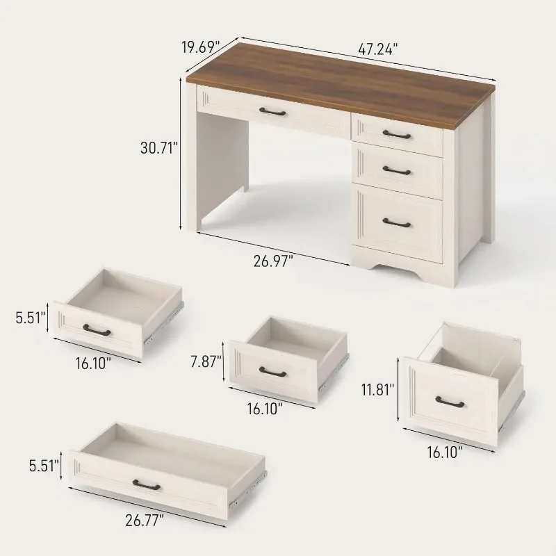 Farmhouse Executive Desk Drawers File Drawer Wood Computer Storage Rustic Office Work White Customized