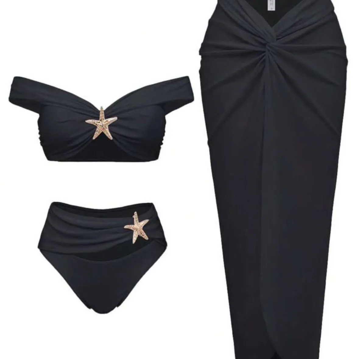 Women's Sexy Bikini Set Beachwear Metallic Starfish Bikini Folds Long Skirts Three Piece Sets Hot Girl Vacation Style Swimsuit