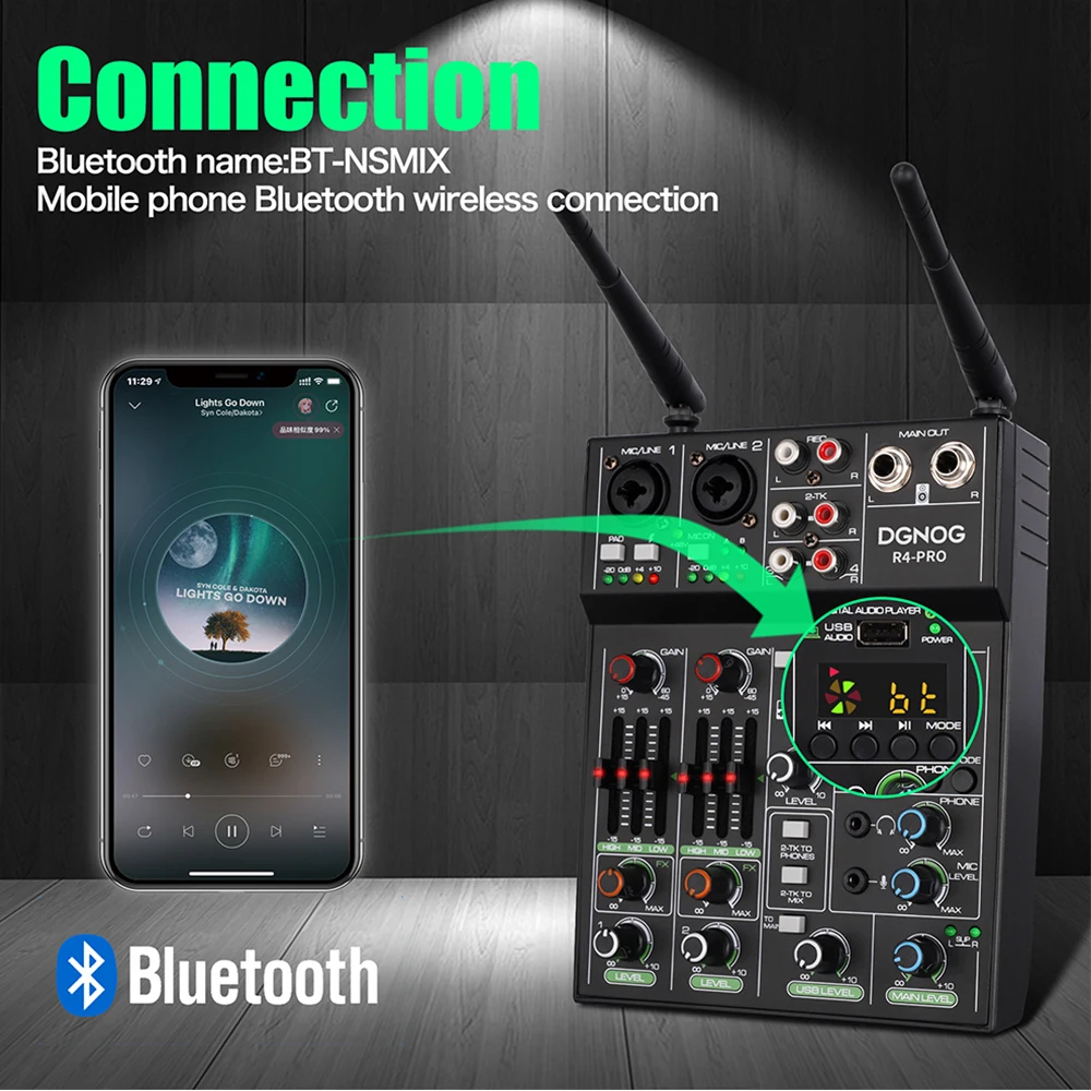 Top 4 Channel USB Audio Mixer with Wireless Microphone Studio Sound Mixers with Bluetooth REC DJ Console Mixing for Karaoke