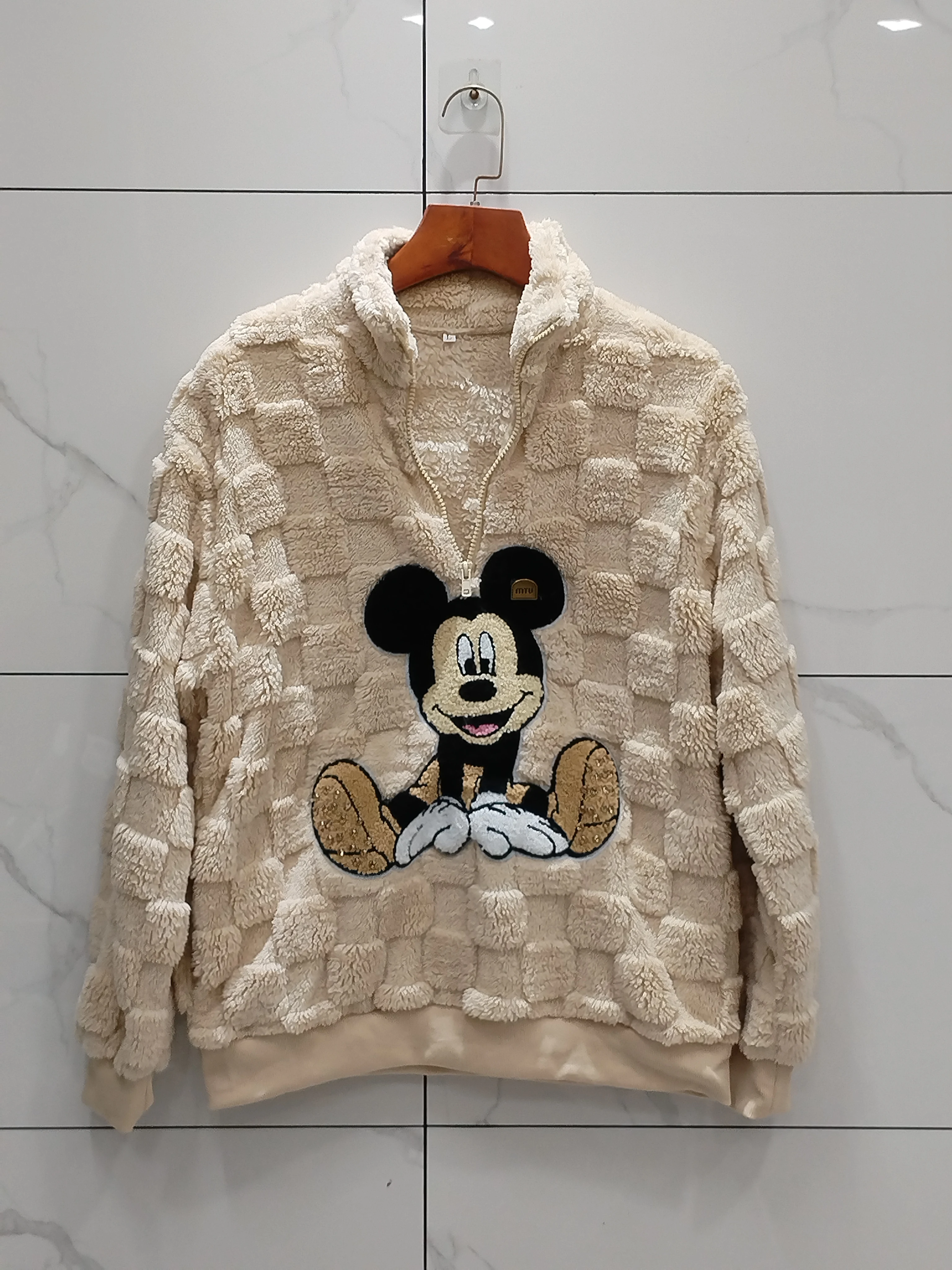 Disney 2024 Women Anime Fashion Zipper Mickey Mouse Embroidery Hoodies Autumn Winter Velour Warm Coat Clothing