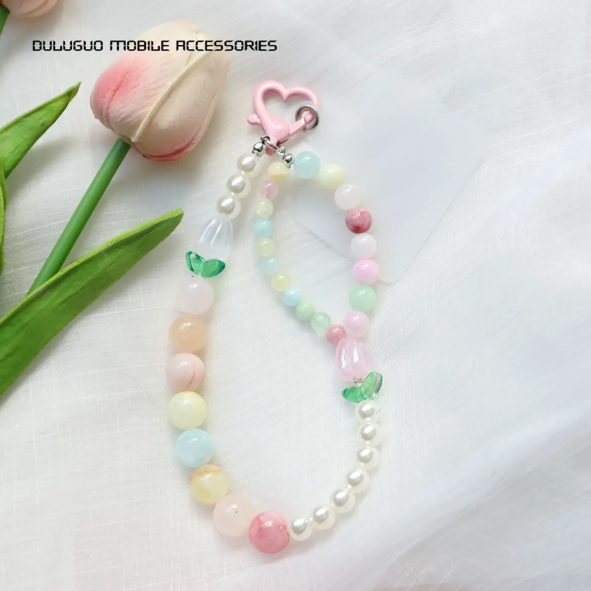 Cute Tulip Mobile Phone Chain Natural Stone Beaded Lanyard Women Sweet Girls Jewelry Cellphone Flower Charm Straps Keychain