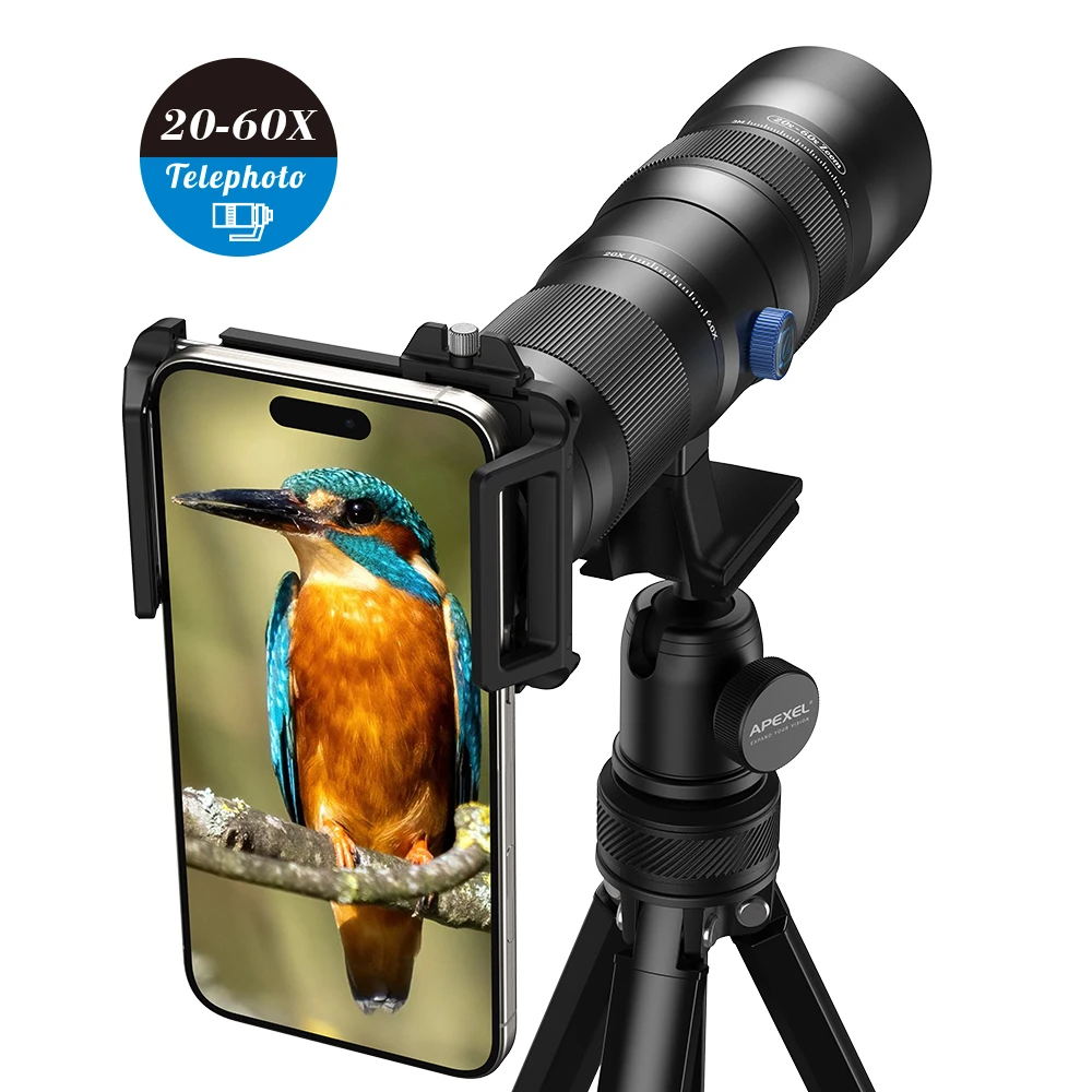 Apexel 20x-60x lente de zoom telefoto universal lentes de telescópio de telefone com tripé de metal para acampamento observação de pássaros iphone android