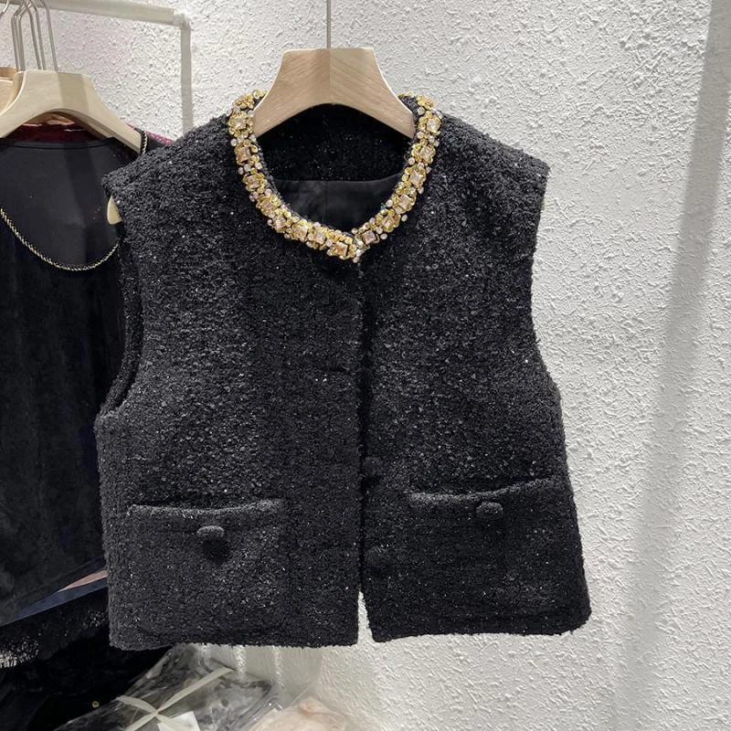 

Autumn Elegant Fashion Women Tweed Vest Small Fragrance Sleeveless Jacket French Vintage Single Breasted Pockets Coat