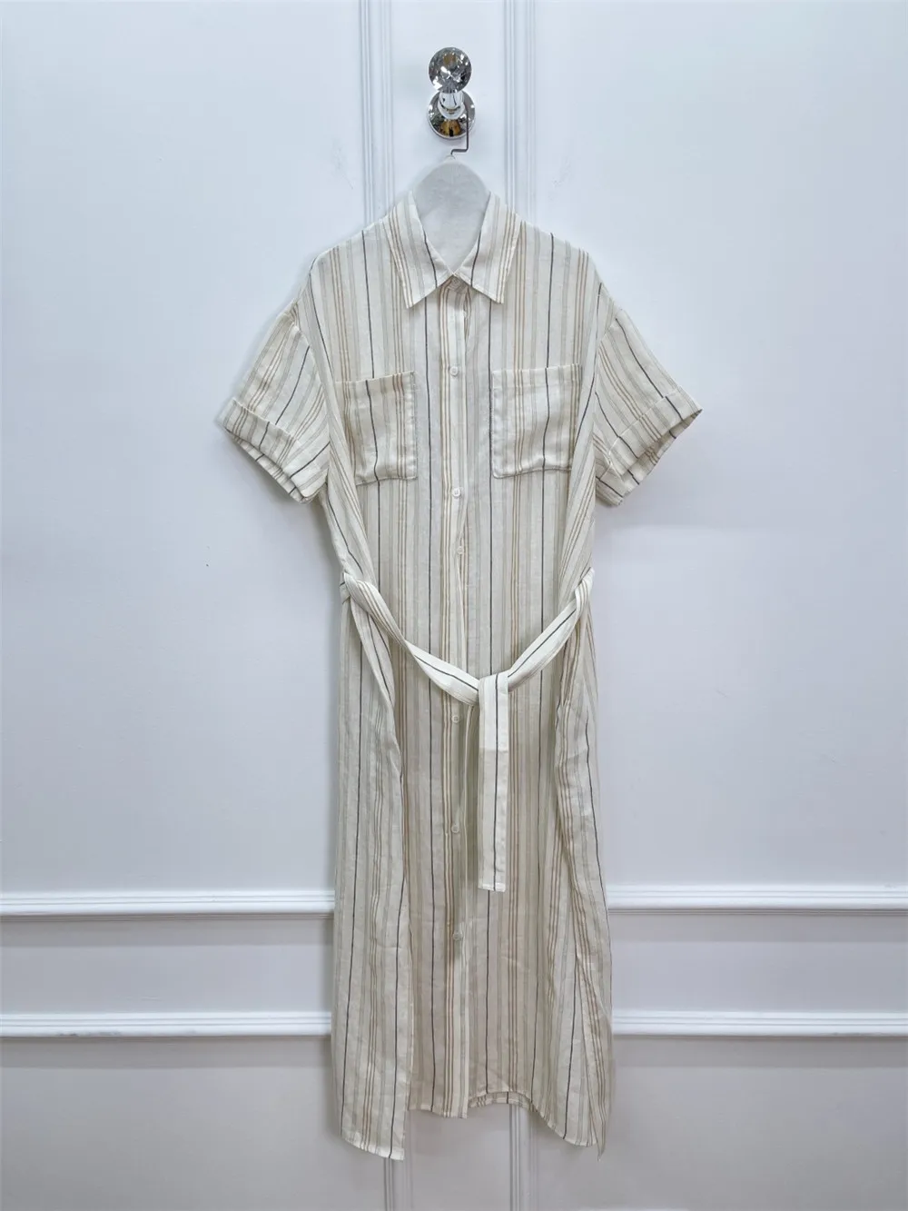 

Women Lapel Beaded Chain Striped Linen Short-Sleeved Dress Spring Summer Loose Lace-up Mid-Length Shirt Dresses