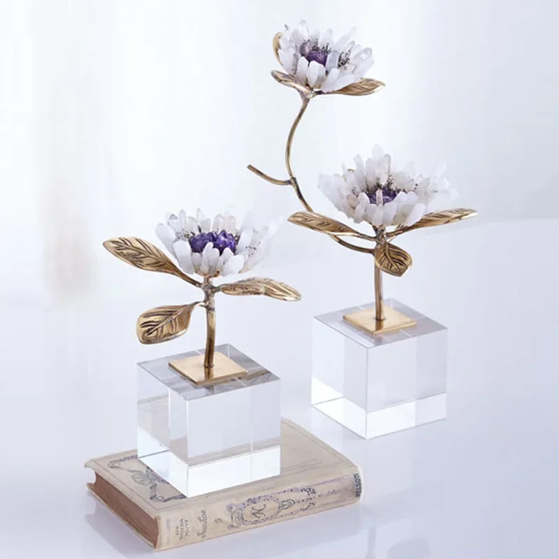 

Brass Amber Branch Ornament Amethyst Simulation Flower Ornament Metal Branches Crystal Base Crystal Flowers Home Decoration
