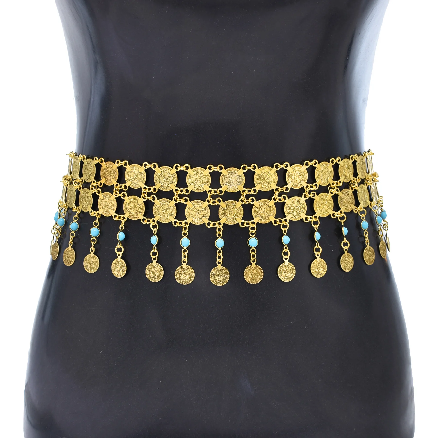 

Golden Multilayer Coins Long Body Chain Turquoise Pendant Jewelry Belly Chains Folk Costume Belts Accessory for Women Gift