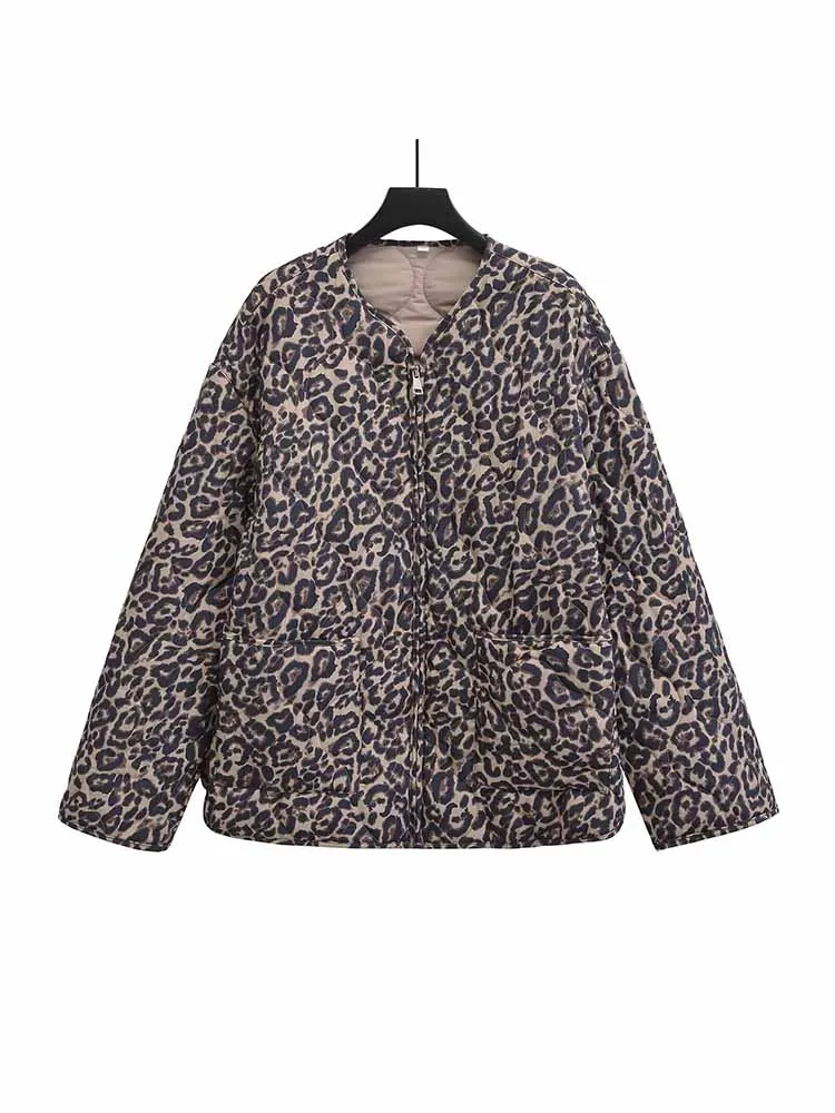 2024 European and American style new women\'s clothing classic fashion versatile fashionable leopard print zipper cotton coat