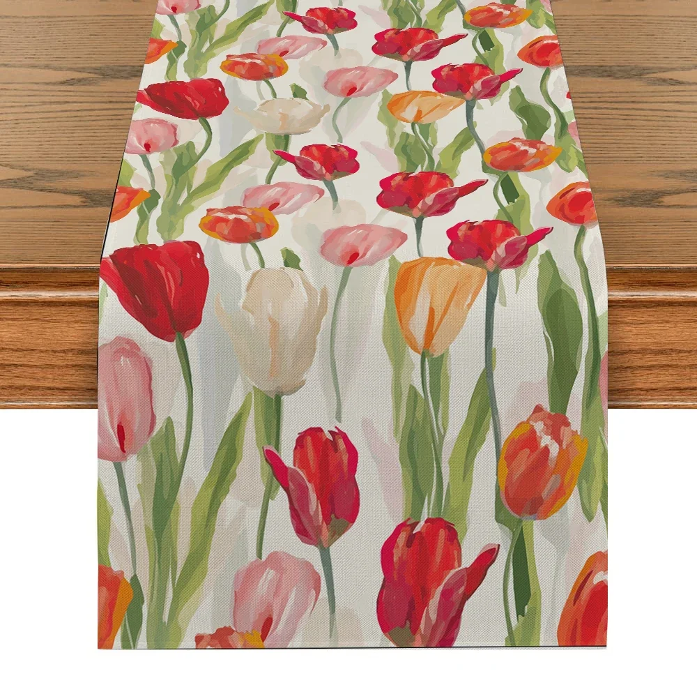 

Floral Tablecloth with Plants Tulip Pattern Table Runner - Perfect for Mother's Day - Indoor/Outdoor Home Party Decoration