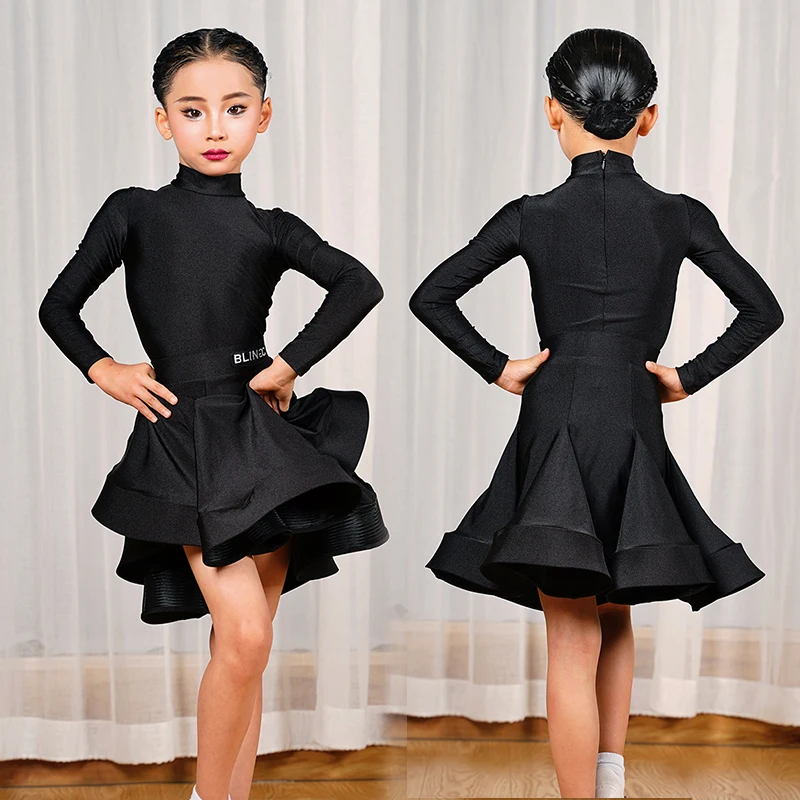 2025 Vestito da ballo latino Ragazze Concorso Abbigliamento Manica lunga Vestito da ballo nero Professionale Performance latina Stage Wear VBH2179