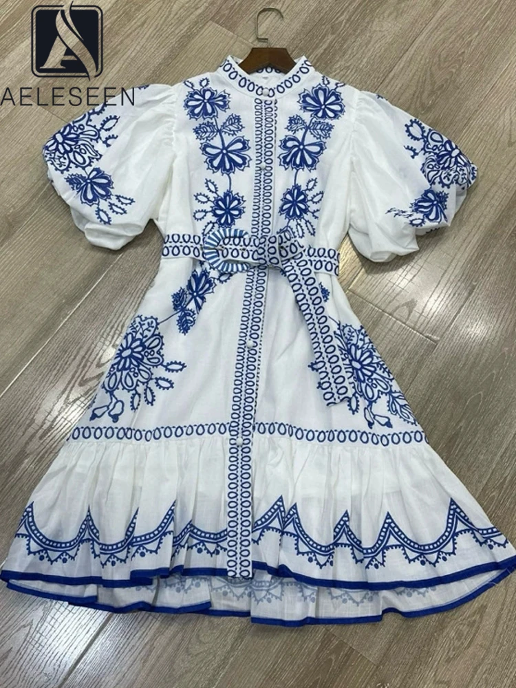 

AELESEEN Vintage Summer Mini Dress Women Puff Sleeve Blue Flower Print Turtleneck Geometric Belt Casual Party Ethnic