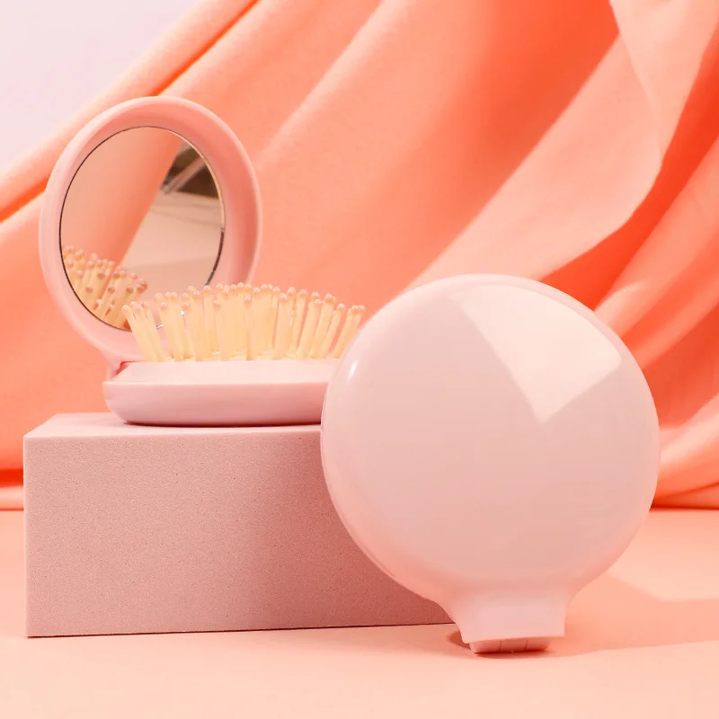 Nowy składany mini grzebień 3 w 1 - szczotka do masażu z poduszką powietrzną i lusterkiem, ultra przenośny do torebki i podróży, urocze narzędzie do włosów dla kobiet