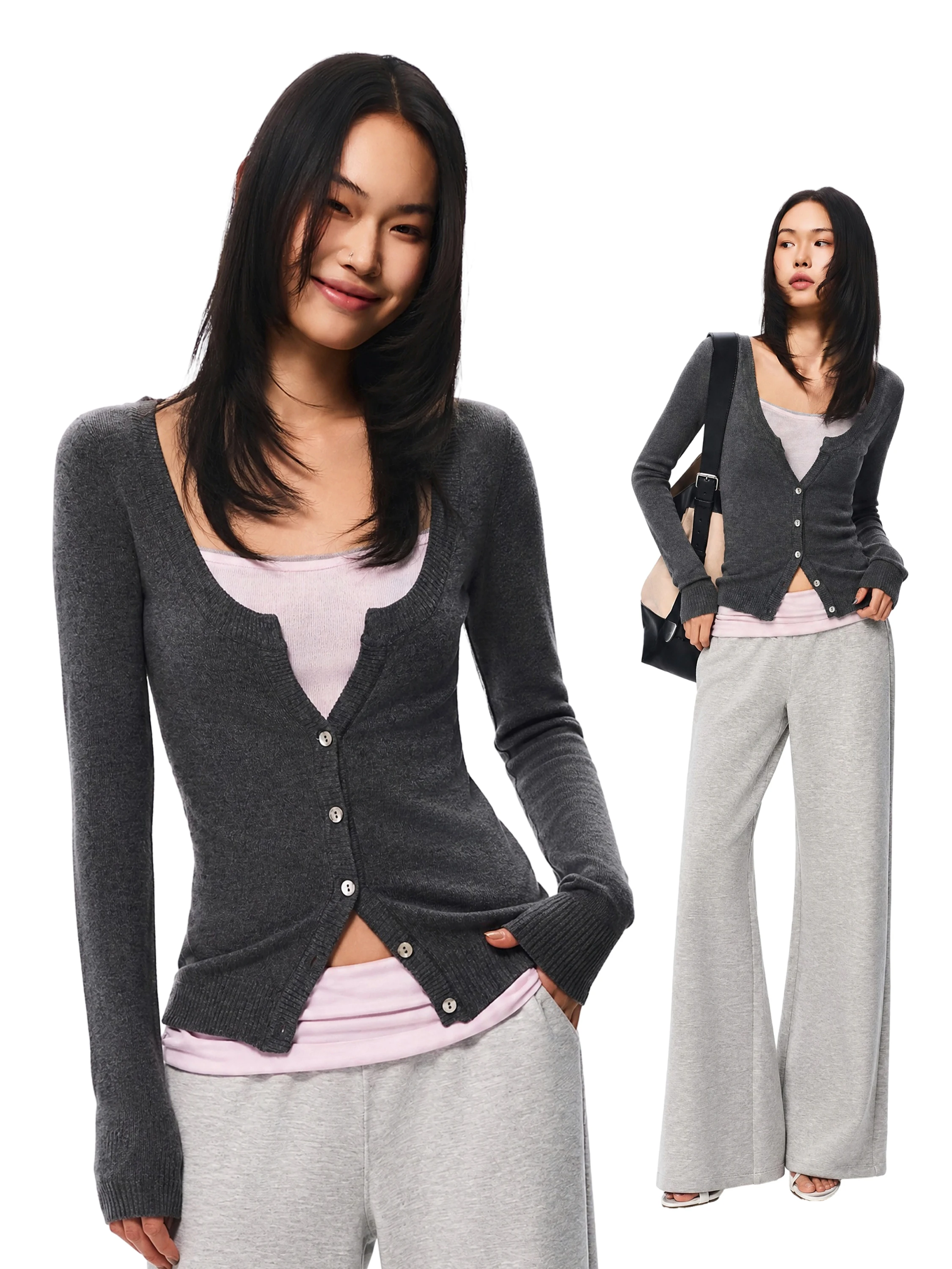 American Style Grey Color Block Long Sleeve Knitted Top Women's Early Autumn Waist Cinching Design Casual Fashion Slim Fit