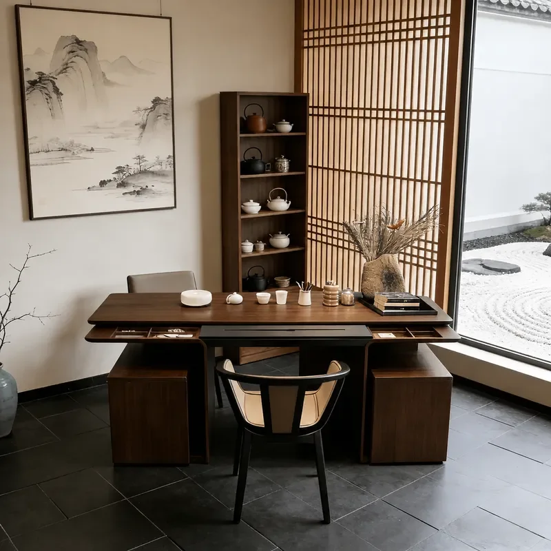 New Chinese Song Style Solid Wood Tea Table Sliding Office Integrated Tea Table for Guest Area Modern Simple Design
