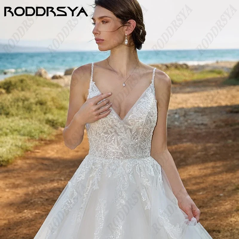 RODDRSYA Spaghetti Straps Lace Wedding Dresses For Women Civil Simple Sleeveless Bride Party Tulle Appliques Beach Bridal Gowns