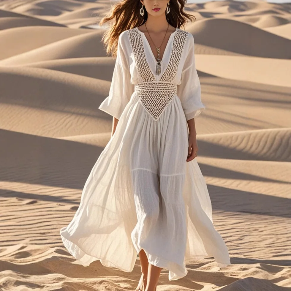 

2025 Autumn Women New Long-sleeved V-neck Waist Solid Color Long Pleated Bohemian Dress Women Camping Vacation Style Loose Dress