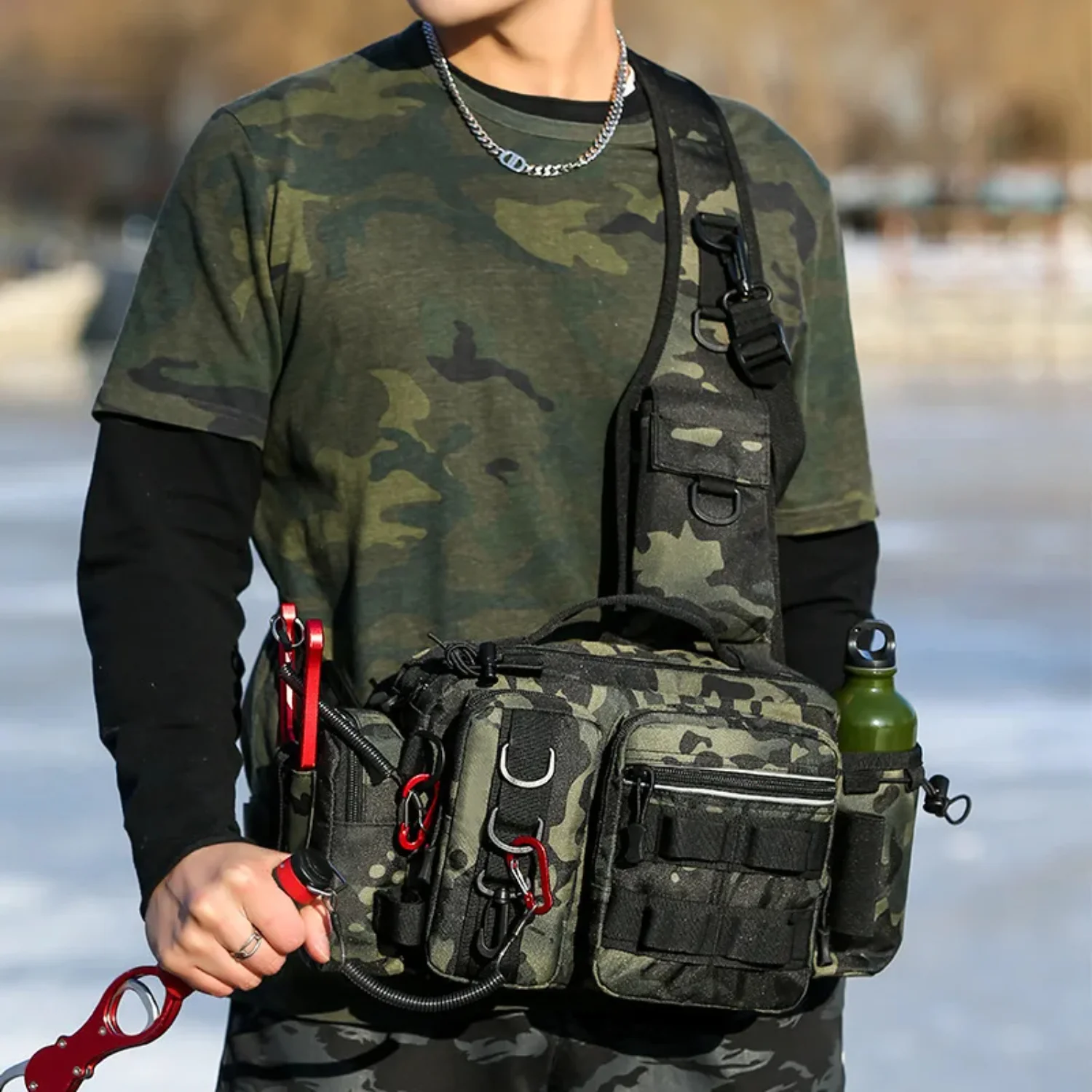 

Men Fishing Tackle Single Shoulder Crossbody Tactical Bags Waist Pack Fish Lures Gear Utility Fishing Box Chest