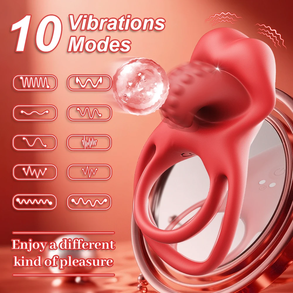 Couple Cock Ring Vibrator Tongue Licking Vibrating Penis Rings Male Erection Delay Ejaculation Clitoral Stimulator Sex Toy Men view 3