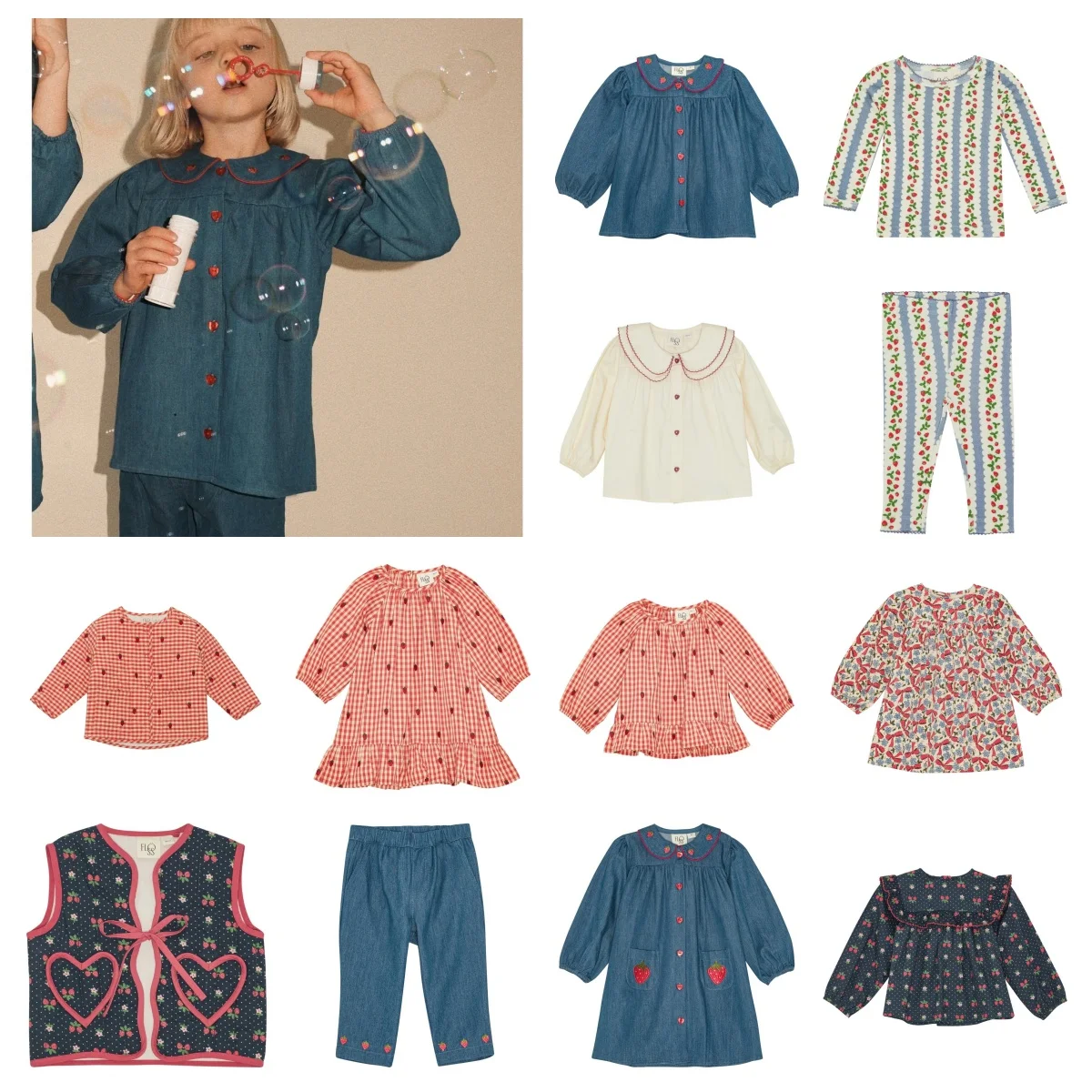 

Strawberry Print Cotton Jacket New Year Red Children's Top with Floral Skirt Long Sleeve Full Print Strawberry Design for Girls
