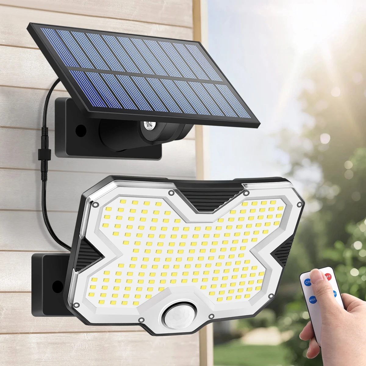 

Солнечный настенный светильник с 180 светодиодами, автоматическое включение/выключение, водонепроницаемость IP65, солнечная панель, три режима освещения для улицы