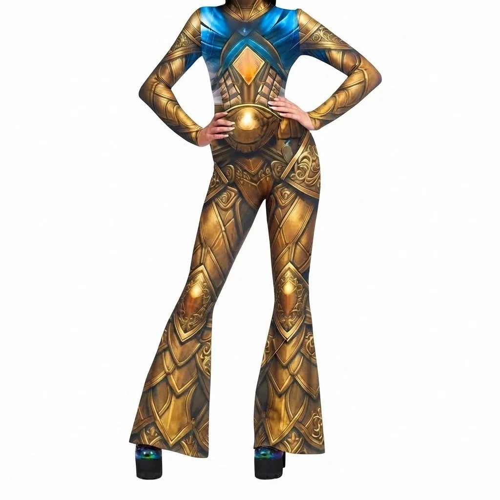 Weihnachts-Overall für Damen mit ausgestelltem Bein, Candy Cane- und Schneeflockenmuster, Glockenbein-Design, Totenkopf-Bodysuit, Halloween-Weihnachts-Clubwear, Partykostüm – Detail 8