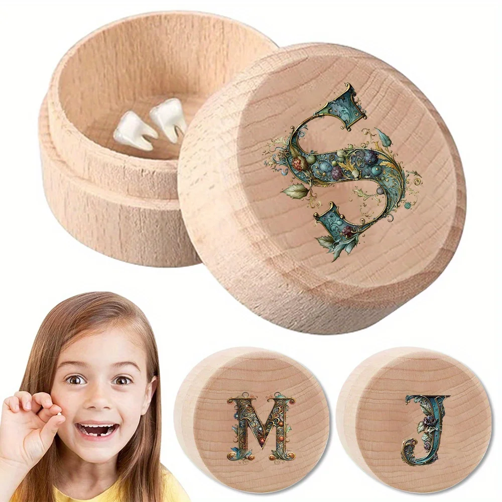 

Lost Teeth Memory Box Wooden Organizer Tooth Keepsake Storage Case Cord Holder Multifunctional Souvenir Graphic Letter Pattern
