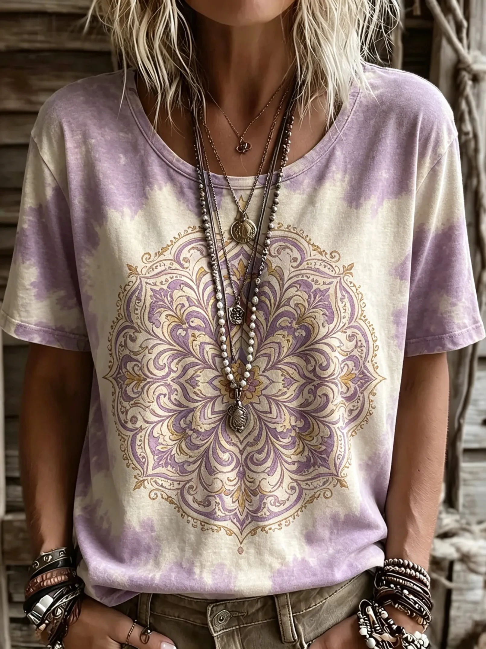 Women's Tribal Feather Geometric Round Neck T-Shirt, Short Sleeve Casual Tops, Brown Vintage Daily Wear for Spring & Summer