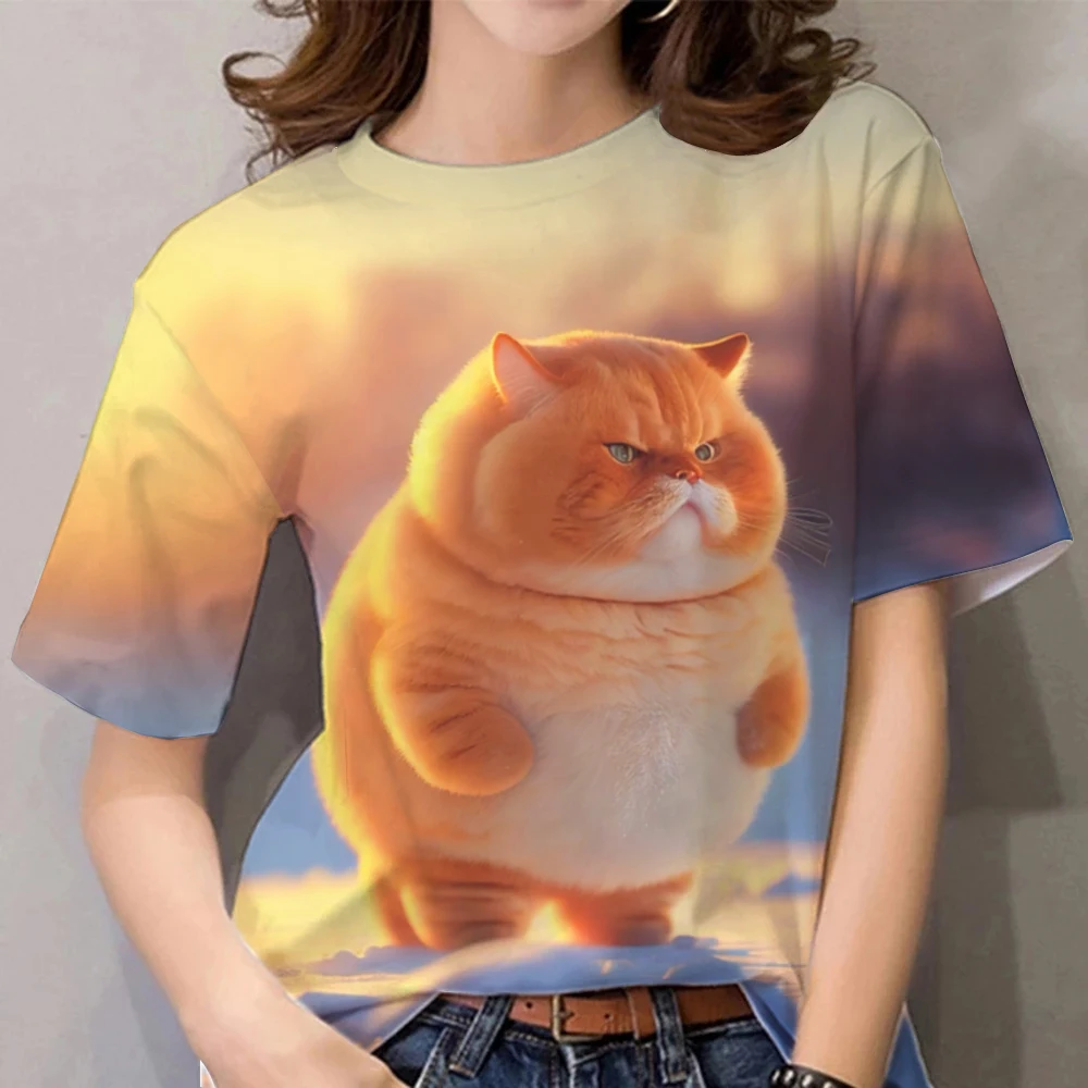 Kawaii Cat Print Women's T-Shirt Summer Round Neck Short Sleeved Top Clothing Cute Chubby Cat T-Shirt Fashions Casual Pullover