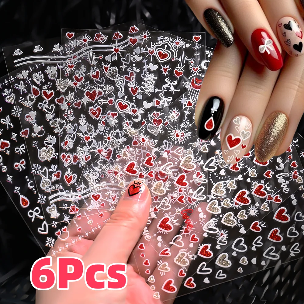 6 Stücke 3D Glitter Liebe-Herz Nail art Aufkleber Rot Hohl Liebe Selbstklebende Nagel Aufkleber Valentinstag Süße Herz maniküre Dekoration