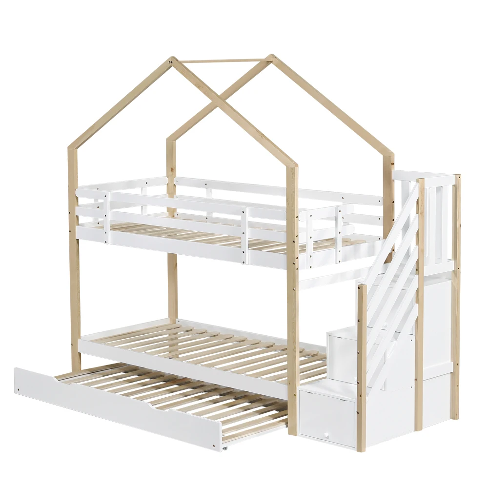 PINGGO Naturweißes Holzhausbett 90x200+90x190cm Kinder-Etagenbett mit Rutsche, Treppe, 3 Schubladen, Sicherheitsgeländer, ohne Matratze – Detail 15