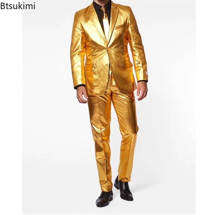 Shiny Cool Performance Costume Men's Slim Suit 2-piece Sets Chic Singer Stage Cosplay Clothes Unique Design Vintage Disco Outfit