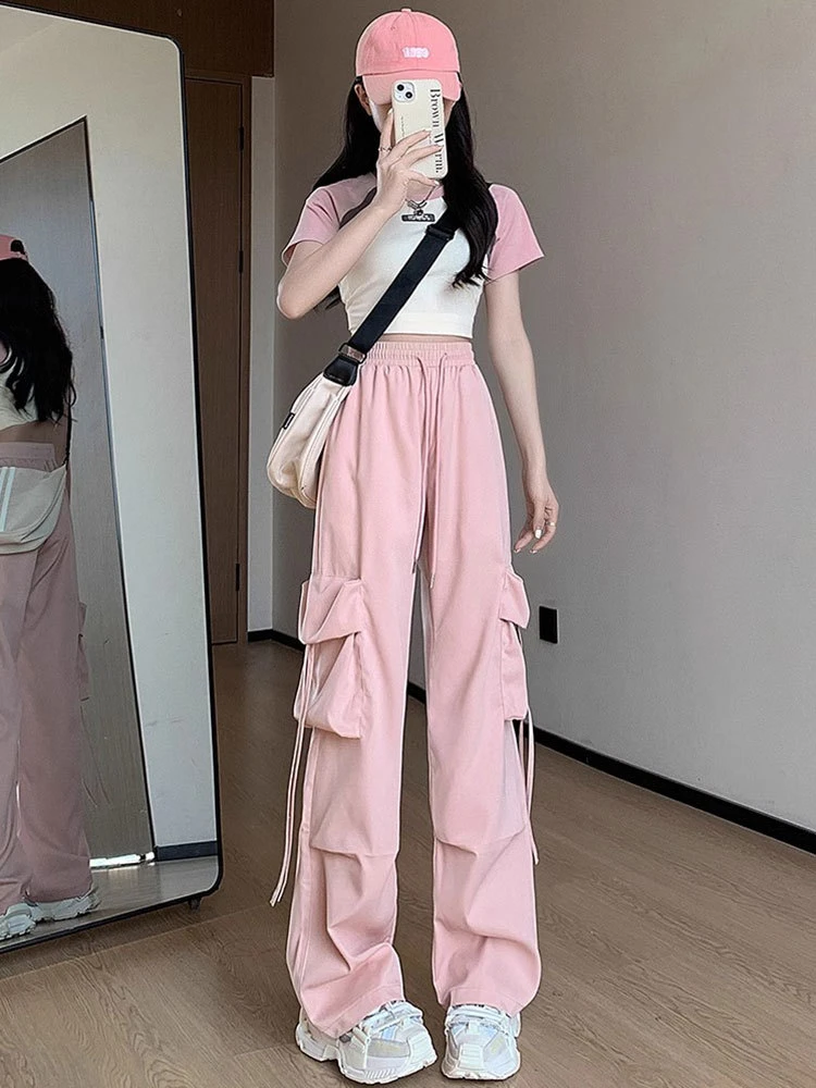 

Розовые женские повседневные брюки с высокой талией и широкими штанинами, быстросохнущие, летние, 2026, новые, американского стиля, свободного кроя, маленький размер, спортивные