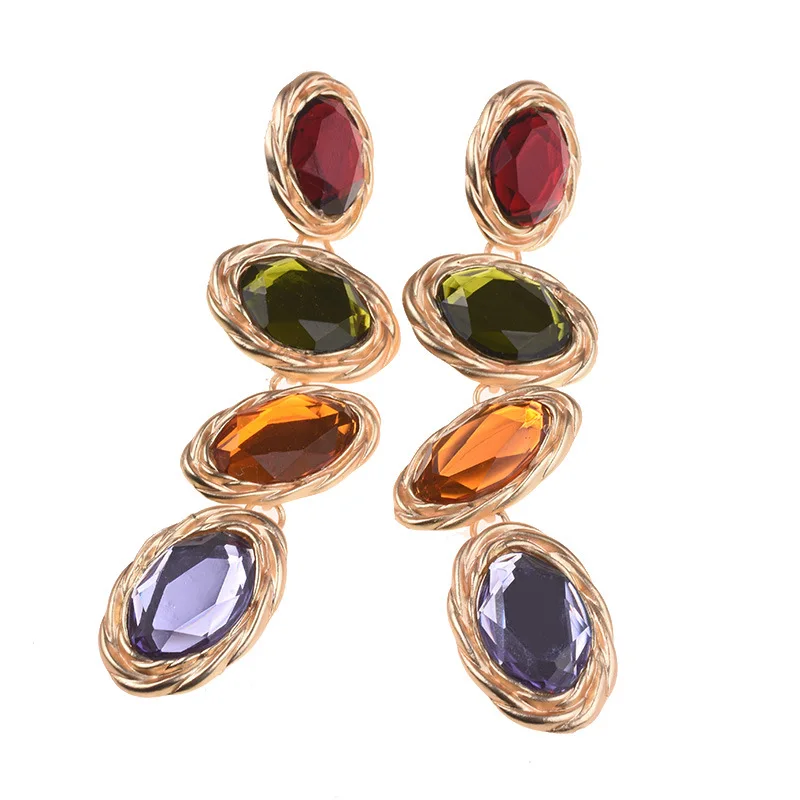 2026 New Colorful Crystal Oval Long Statement Earrings Women Vintage Indian Boho Ethnic Large Dangle Earrings Jewelry Female