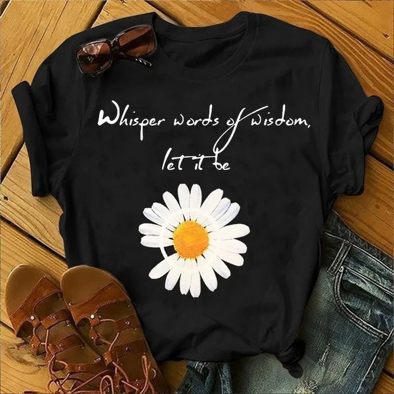 Let It Be Letter Daisy Print T Shirt Women Short Sleeve O Neck Loose Tshirt Summer Women Tee Shirt Tops Camisetas Mujer